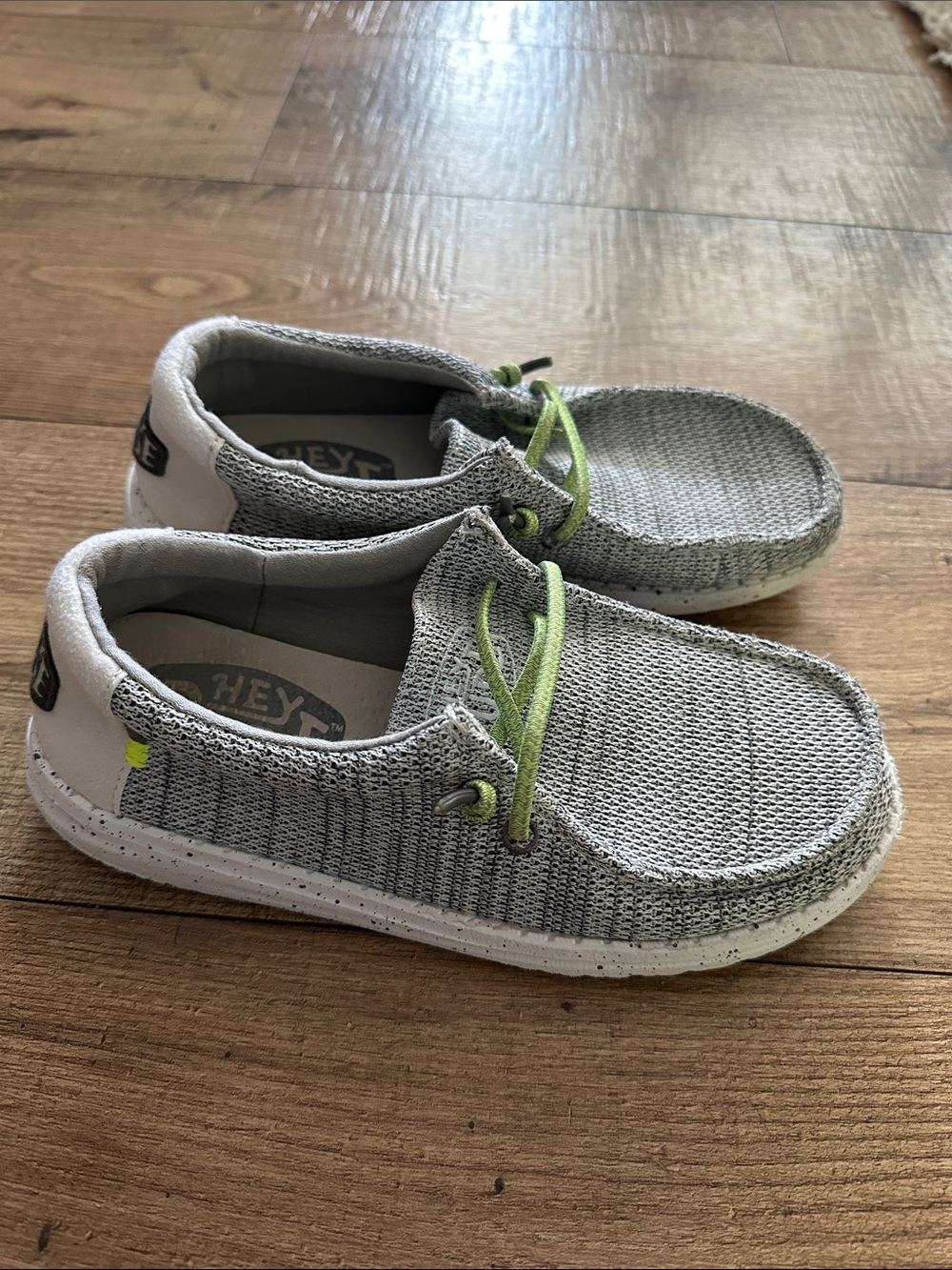 Hey Dude Kids Light Gray Knit Slip-On Sneakers with Lime Laces